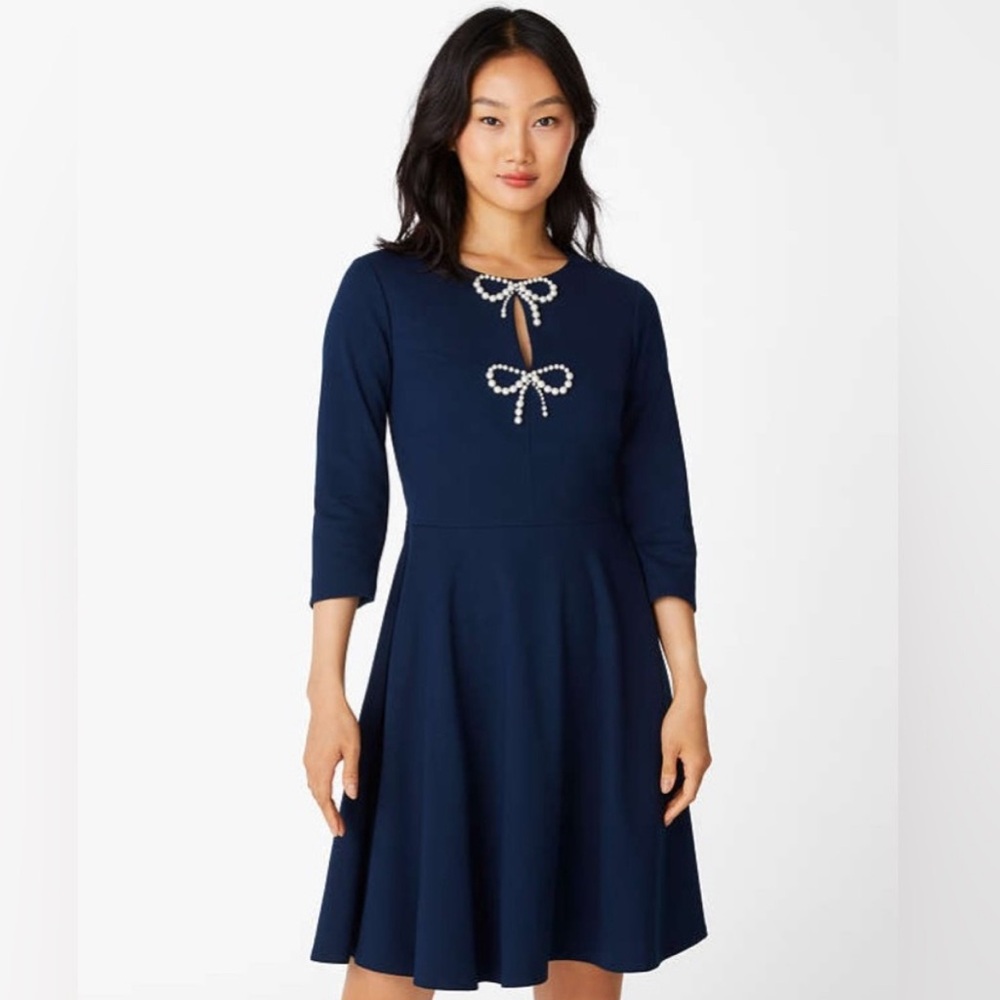 Navy Blue Dress with Pearl Bow Accents